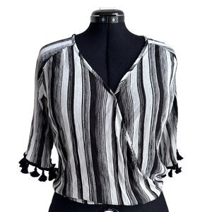 Anthropologie Lavender Field Black & White Stripe Boho Wrap Tassel Crop Top S